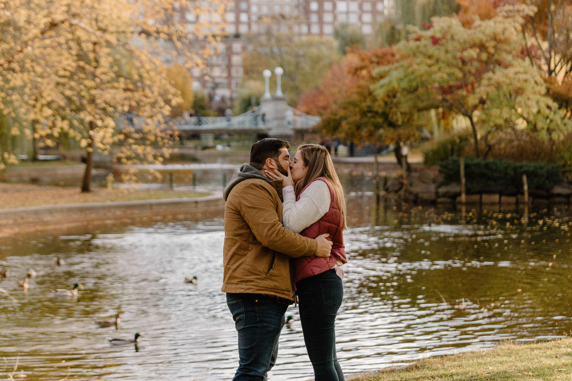 Engaged couple at Boston Public Garden in the fall